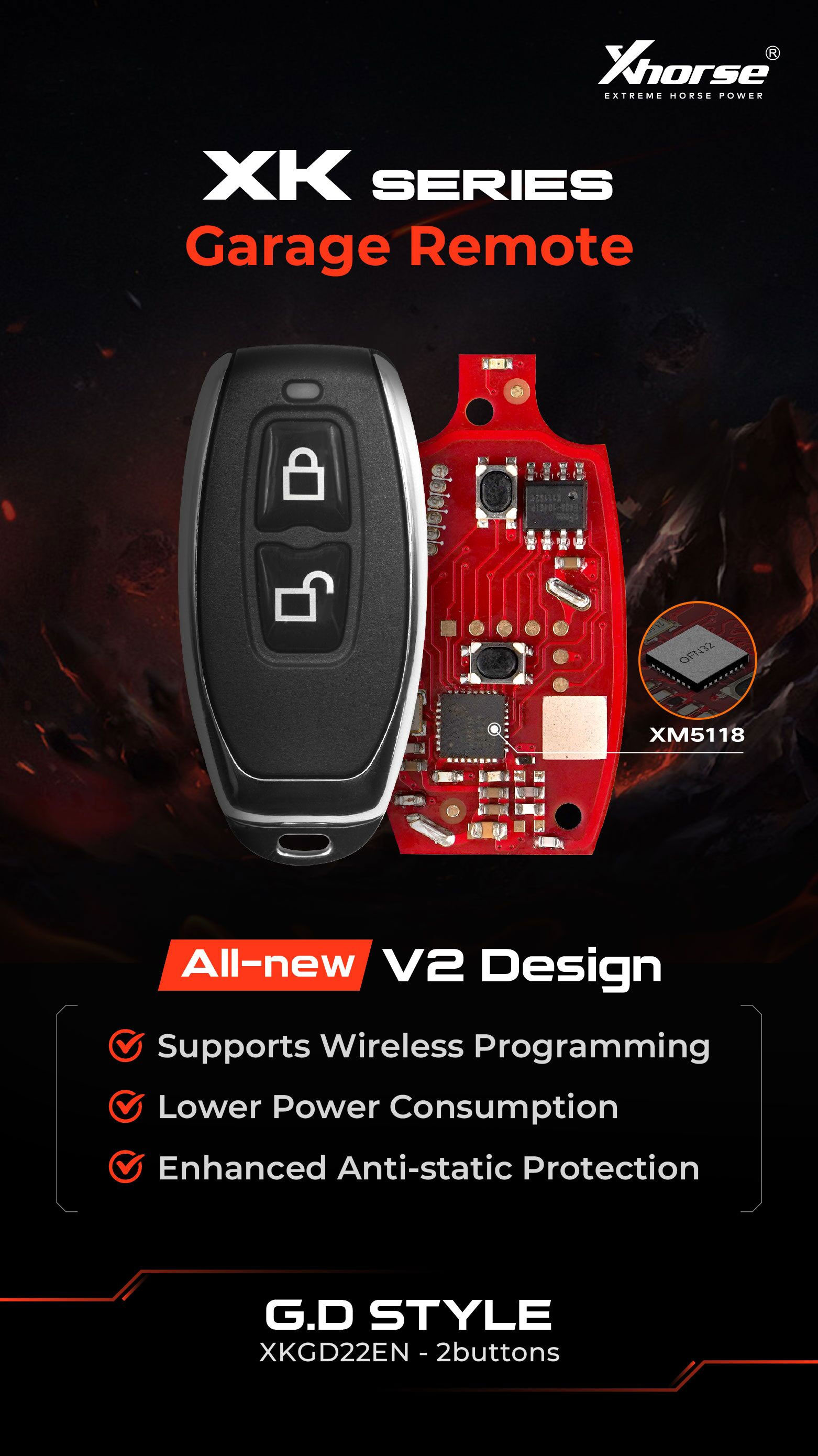 New Xhorse XKGD22EN Wire Garage Remote Key 2 Buttons 2nd Generation , Compatible with all the VVDI tools | Emirates Keys